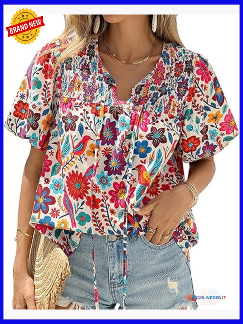 Boho Floral Blouse V-Neck Drawstring Short Sleeve Summer Beach Top